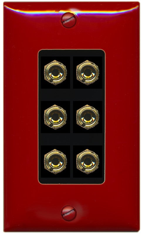 RiteAV 6 Banana 3 Speaker Surround Female Coupler Binding Post Wall Plate - 1 Gang Decorative [Red/Black]