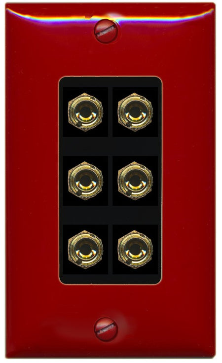 RiteAV 6 Banana 3 Speaker Surround Female Coupler Binding Post Wall Plate - 1 Gang Decorative [Red/Black]