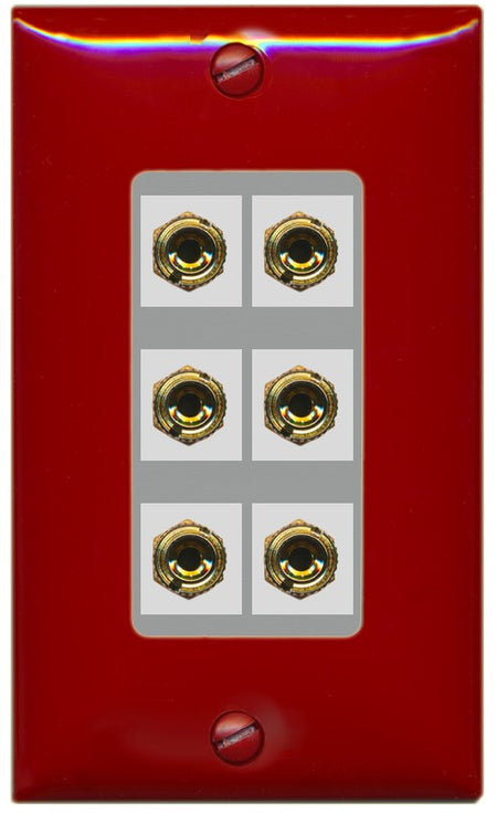 RiteAV 6 Banana 3 Speaker Surround Female Coupler Binding Post Wall Plate - 1 Gang Decorative [Red/Gray]