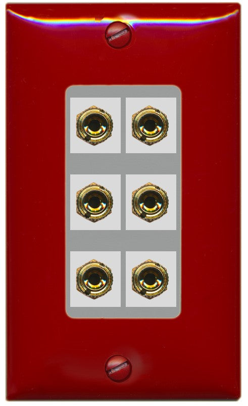 RiteAV 6 Banana 3 Speaker Surround Female Coupler Binding Post Wall Plate - 1 Gang Decorative [Red/Gray]