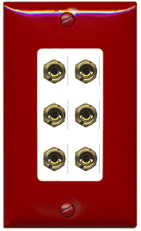 RiteAV 6 Banana 3 Speaker Surround Female Coupler Binding Post Wall Plate - 1 Gang Decorative [Red/White]