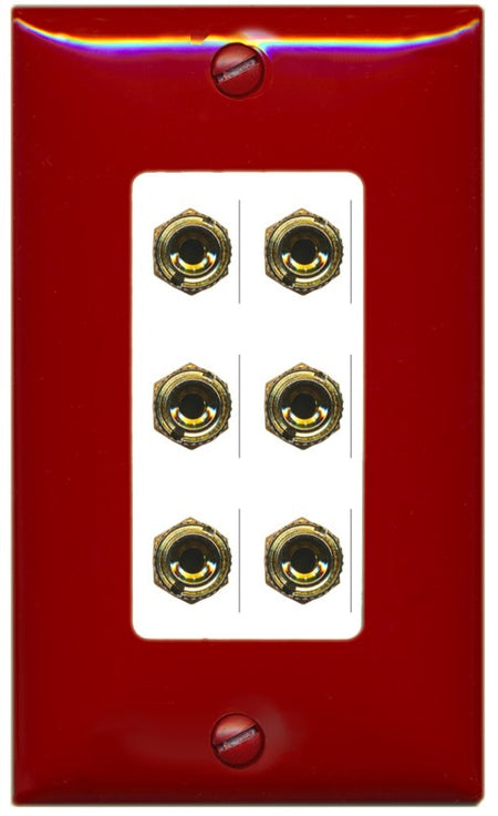 RiteAV 6 Banana 3 Speaker Surround Female Coupler Binding Post Wall Plate - 1 Gang Decorative [Red/White]