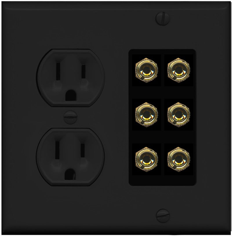 RiteAV 6 Banana 3 Speaker Surround Female Coupler Binding Post Wall Plate - Round Outlet [Black/Black]