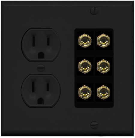 RiteAV 6 Banana 3 Speaker Surround Female Coupler Binding Post Wall Plate - Round Outlet [Black/Black]
