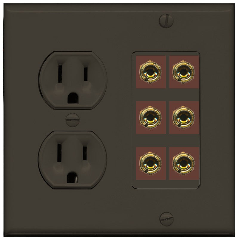 RiteAV 6 Banana 3 Speaker Surround Female Coupler Binding Post Wall Plate - Round Outlet [Brown/Brown]