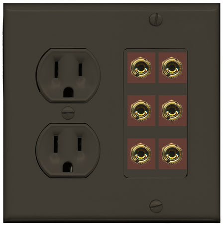 RiteAV 6 Banana 3 Speaker Surround Female Coupler Binding Post Wall Plate - Round Outlet [Brown/Brown]