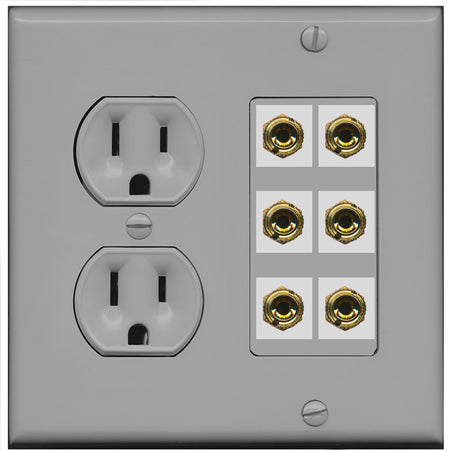 RiteAV 6 Banana 3 Speaker Surround Female Coupler Binding Post Wall Plate - Round Outlet [Gray/Gray]