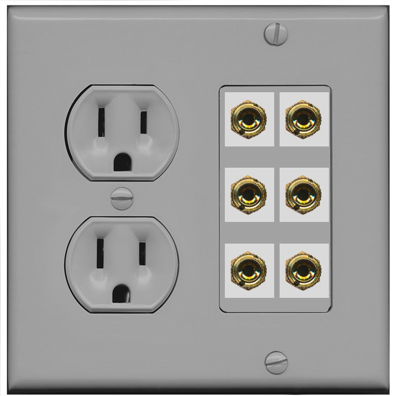 RiteAV 6 Banana 3 Speaker Surround Female Coupler Binding Post Wall Plate - Round Outlet [Gray/Gray]