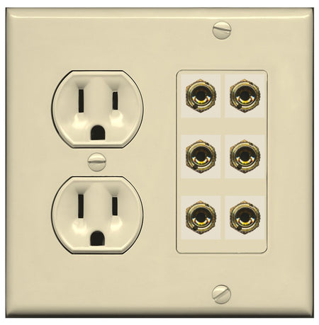 RiteAV 6 Banana 3 Speaker Surround Female Coupler Binding Post Wall Plate - Round Outlet [Ivory/Ivory]