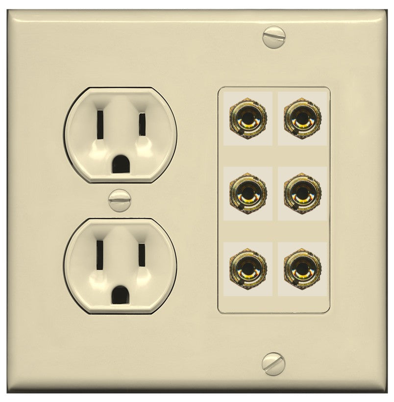 RiteAV 6 Banana 3 Speaker Surround Female Coupler Binding Post Wall Plate - Round Outlet [Ivory/Ivory]
