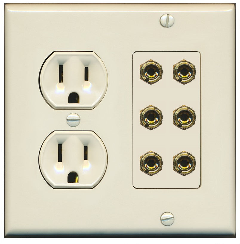 RiteAV 6 Banana 3 Speaker Surround Female Coupler Binding Post Wall Plate - Round Outlet [Light-Almond]