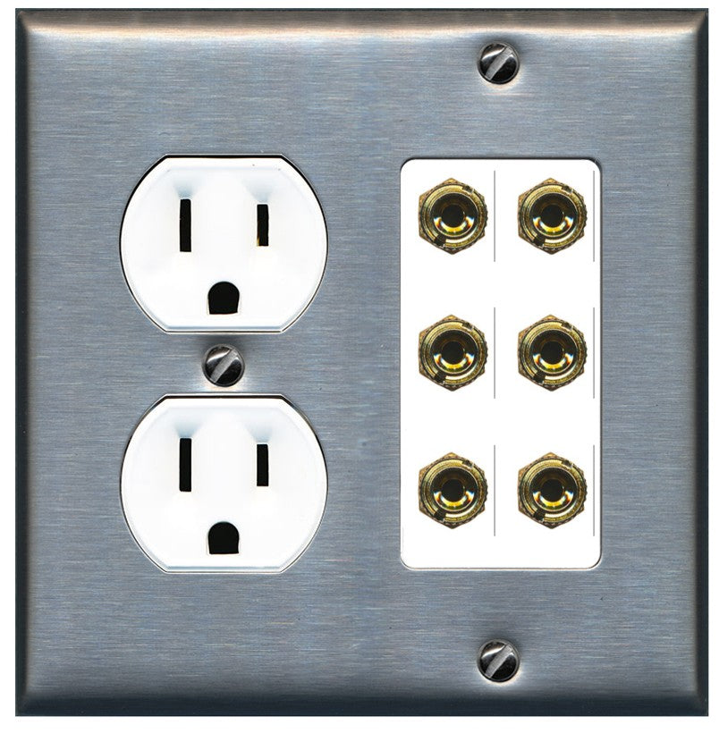 RiteAV 6 Banana 3 Speaker Surround Female Coupler Binding Post Wall Plate - Round Outlet [Stainless/White]