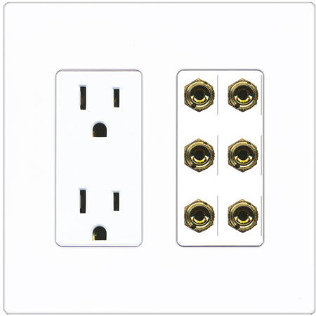 RiteAV 6 Banana 3 Speaker Surround Female Coupler Binding Post Wall Plate - Outlet [Screwless White]