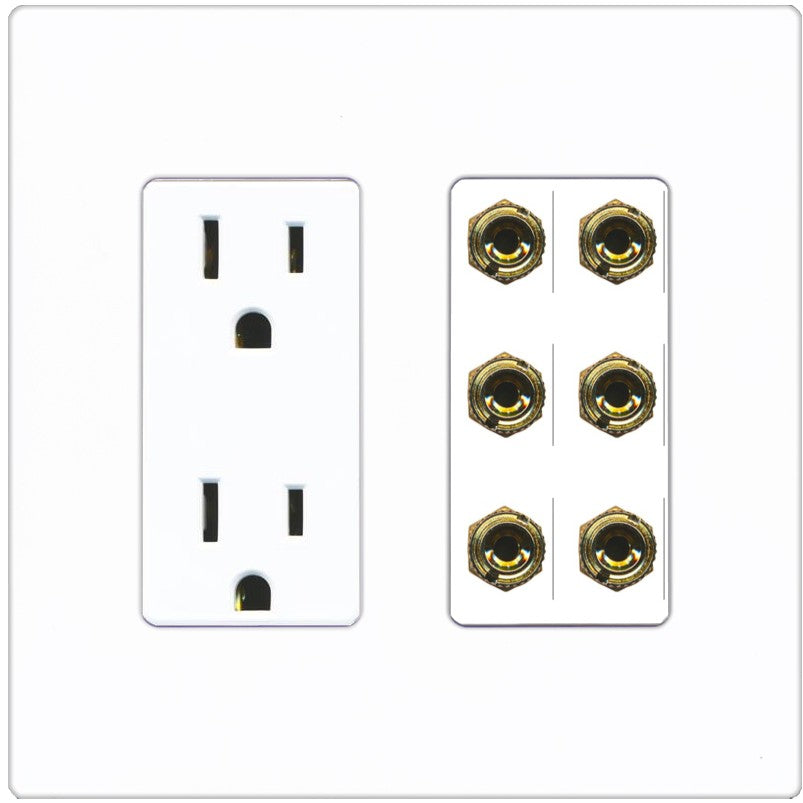 RiteAV 6 Banana 3 Speaker Surround Female Coupler Binding Post Wall Plate - Outlet [Screwless White]