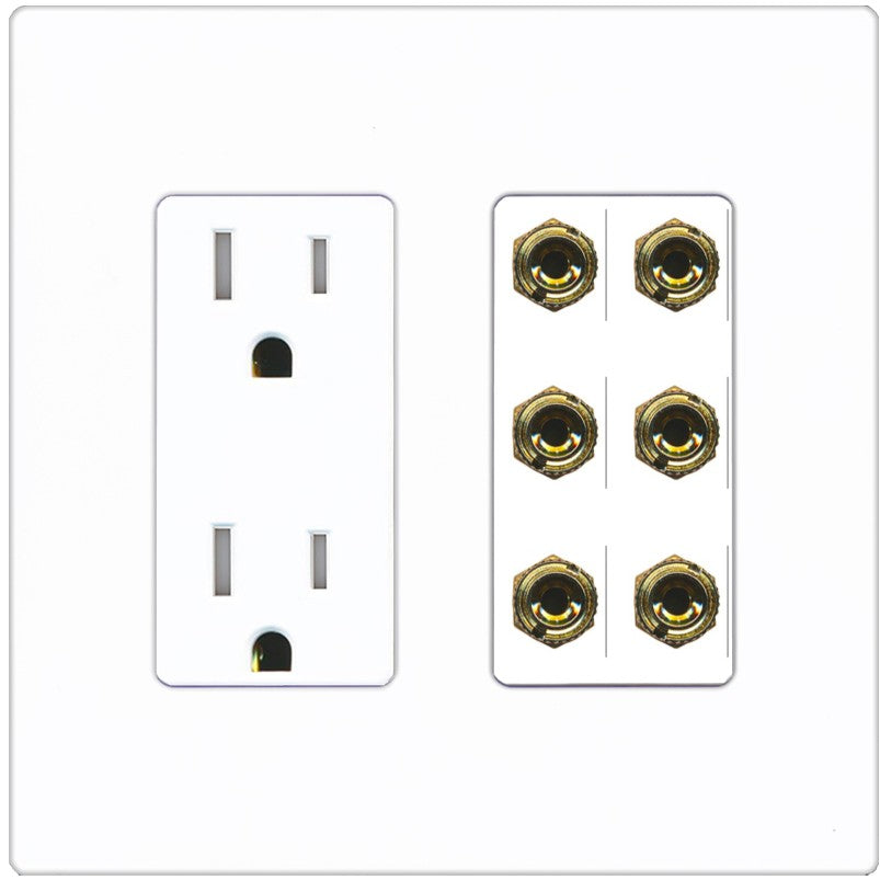 RiteAV 6 Banana 3 Speaker Surround Female Coupler Binding Post Wall Plate - Tamper-Resistant Outlet [Screwless White]