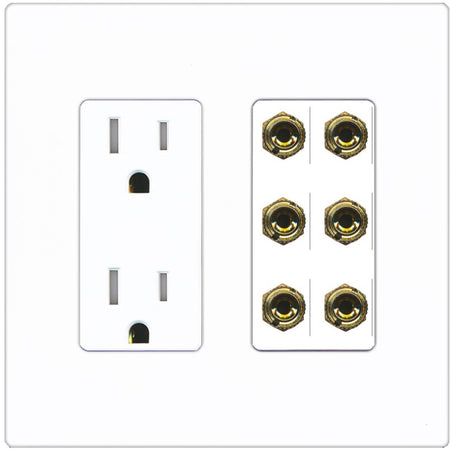 RiteAV 6 Banana 3 Speaker Surround Female Coupler Binding Post Wall Plate - Tamper-Resistant Outlet [Screwless White]