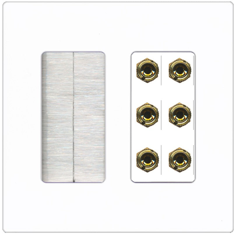 RiteAV 6 Banana 3 Speaker Surround Female Coupler Binding Post Wall Plate - Brush [Screwless White]