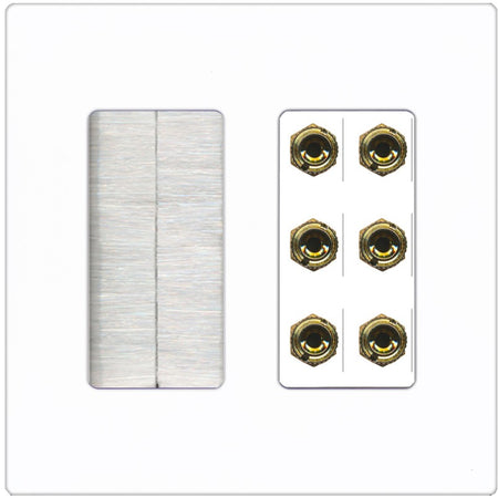 RiteAV 6 Banana 3 Speaker Surround Female Coupler Binding Post Wall Plate - Brush [Screwless White]
