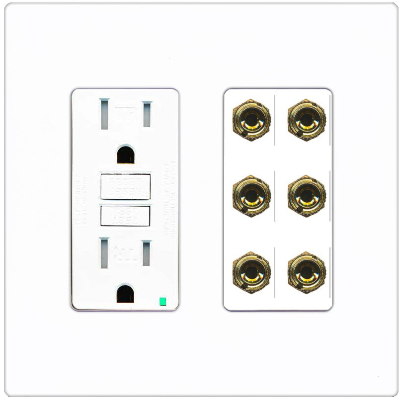 RiteAV 6 Banana 3 Speaker Surround Female Coupler Binding Post Wall Plate - GFCI Outlet [Screwless White]