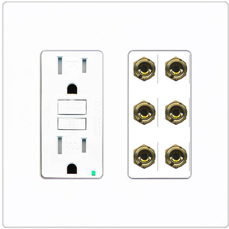 RiteAV 6 Banana 3 Speaker Surround Female Coupler Binding Post Wall Plate - GFCI Outlet [Screwless White]