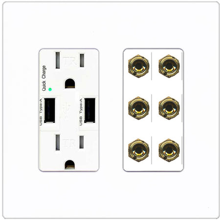 RiteAV 6 Banana 3 Speaker Surround Female Coupler Binding Post Wall Plate - USB Outlet [Screwless White]