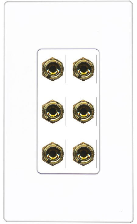 RiteAV 6 Banana 3 Speaker Surround Female Coupler Binding Post Wall Plate - 1 Gang Decorative [Screwless White]