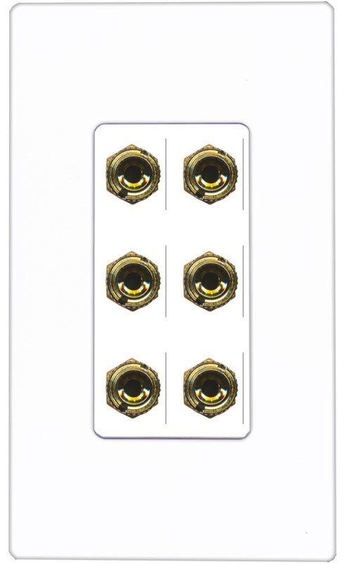 RiteAV 6 Banana 3 Speaker Surround Female Coupler Binding Post Wall Plate - 1 Gang Decorative [Screwless White]