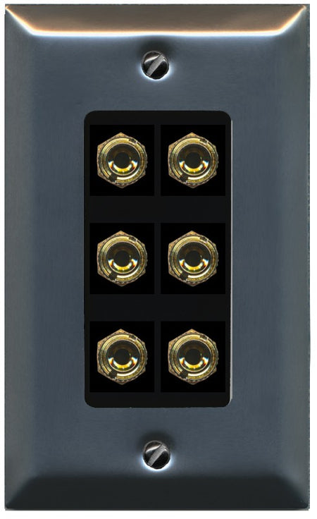 RiteAV 6 Banana 3 Speaker Surround Female Coupler Binding Post Wall Plate - 1 Gang Decorative [Stainless/Black]