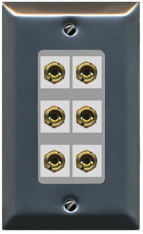 RiteAV 6 Banana 3 Speaker Surround Female Coupler Binding Post Wall Plate - 1 Gang Decorative [Stainless/Gray]