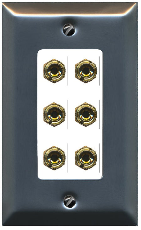 RiteAV 6 Banana 3 Speaker Surround Female Coupler Binding Post Wall Plate - 1 Gang Decorative [Stainless/White]
