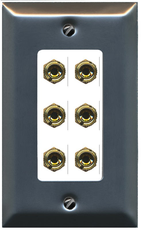 RiteAV 6 Banana 3 Speaker Surround Female Coupler Binding Post Wall Plate - 1 Gang Decorative [Stainless/White]
