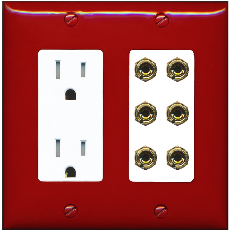 RiteAV 6 Banana 3 Speaker Surround Female Coupler Binding Post Wall Plate - Tamper-Resistant Outlet [Red/White]