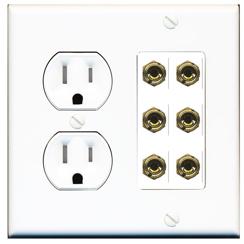 RiteAV 6 Banana 3 Speaker Surround Female Coupler Binding Post Wall Plate - Tamper Proof [White]