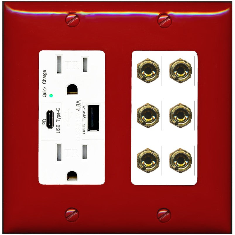 RiteAV 6 Banana 3 Speaker Surround Female Coupler Binding Post Wall Plate - USB A+C Outlet [Red/White]