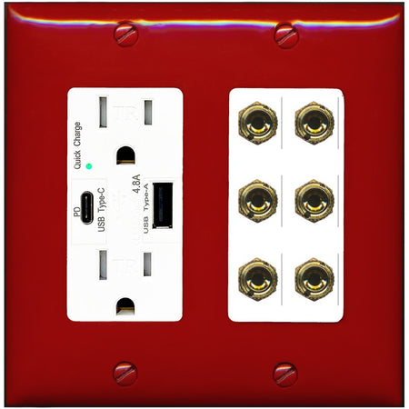 RiteAV 6 Banana 3 Speaker Surround Female Coupler Binding Post Wall Plate - USB A+C Outlet [Red/White]