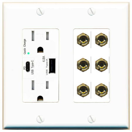 RiteAV 6 Banana 3 Speaker Surround Female Coupler Binding Post Wall Plate - USB A+C Outlet [White]