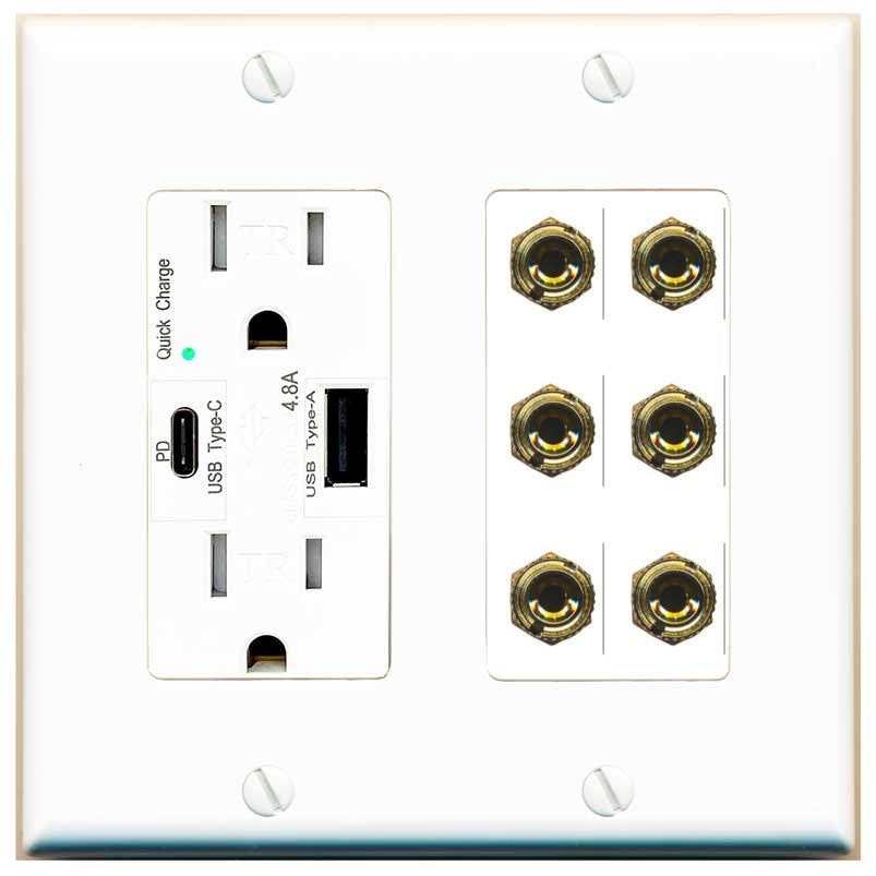 RiteAV 6 Banana 3 Speaker Surround Female Coupler Binding Post Wall Plate - USB A+C Outlet [White]