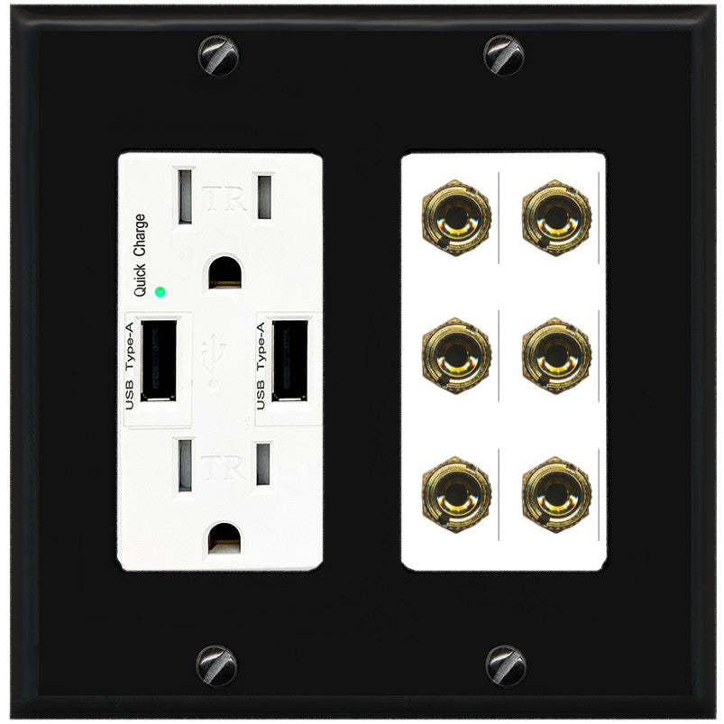 RiteAV 6 Banana 3 Speaker Surround Female Coupler Binding Post Wall Plate - USB Outlet [Black/White]