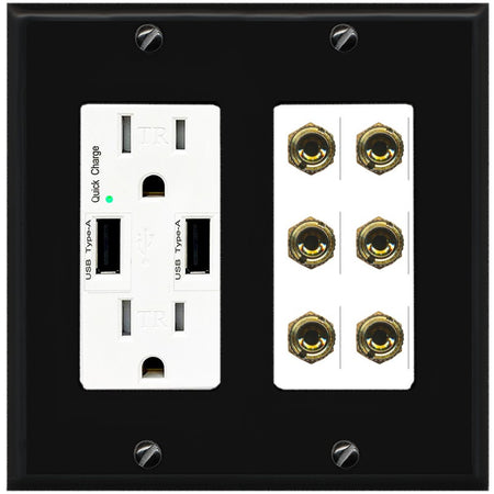 RiteAV 6 Banana 3 Speaker Surround Female Coupler Binding Post Wall Plate - USB Outlet [Black/White]