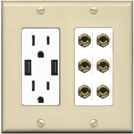 RiteAV 6 Banana 3 Speaker Surround Female Coupler Binding Post Wall Plate - USB Outlet [Ivory/White]