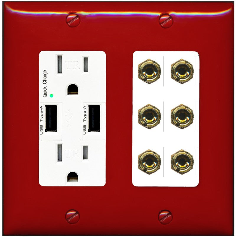 RiteAV 6 Banana 3 Speaker Surround Female Coupler Binding Post Wall Plate - USB Outlet [Red/White]