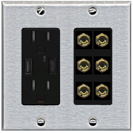 RiteAV 6 Banana 3 Speaker Surround Female Coupler Binding Post Wall Plate - USB Outlet [Stainless/Black]