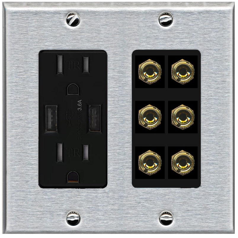 RiteAV 6 Banana 3 Speaker Surround Female Coupler Binding Post Wall Plate - USB Outlet [Stainless/Black]