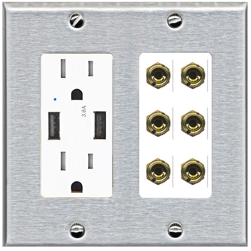 RiteAV 6 Banana 3 Speaker Surround Female Coupler Binding Post Wall Plate - USB Outlet [Stainless/White]