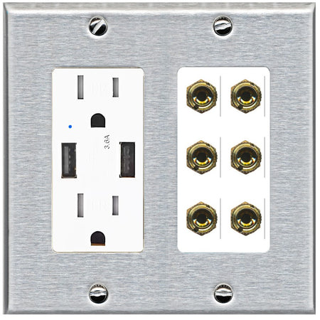 RiteAV 6 Banana 3 Speaker Surround Female Coupler Binding Post Wall Plate - USB Outlet [Stainless/White]