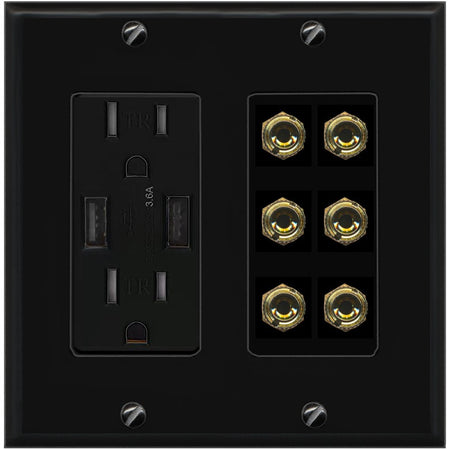 RiteAV 6 Banana 3 Speaker Surround Female Coupler Binding Post Wall Plate - USB Outlet [Black/Black]