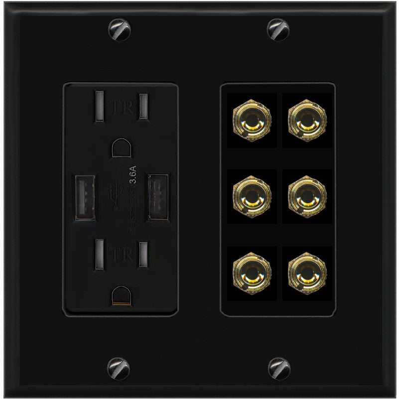 RiteAV 6 Banana 3 Speaker Surround Female Coupler Binding Post Wall Plate - USB Outlet [Black/Black]