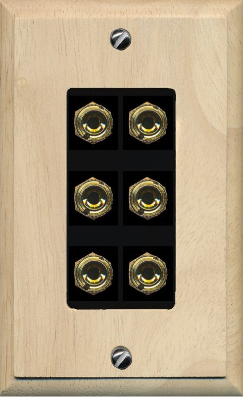 RiteAV 6 Banana 3 Speaker Surround Female Coupler Binding Post Wall Plate - 1 Gang Decorative [Wood/Black]