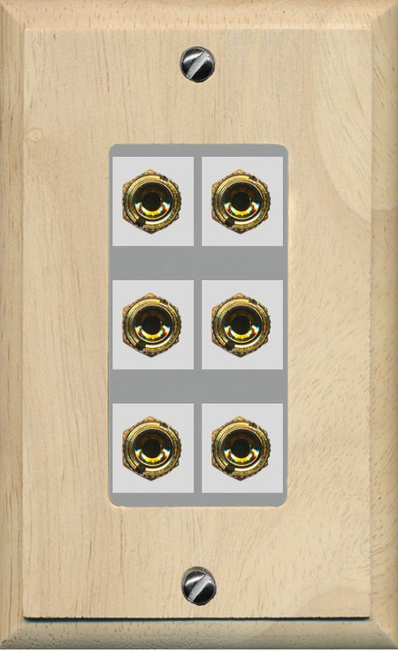 RiteAV 6 Banana 3 Speaker Surround Female Coupler Binding Post Wall Plate - 1 Gang Decorative [Wood/Gray]