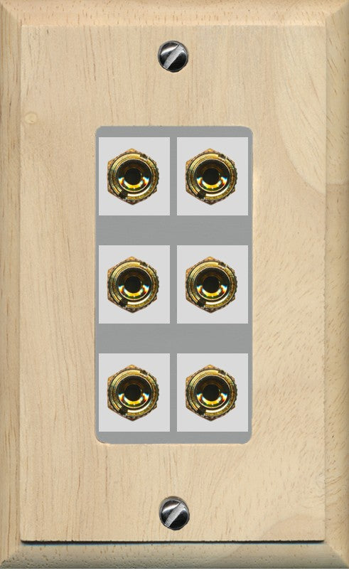 RiteAV 6 Banana 3 Speaker Surround Female Coupler Binding Post Wall Plate - 1 Gang Decorative [Wood/Gray]